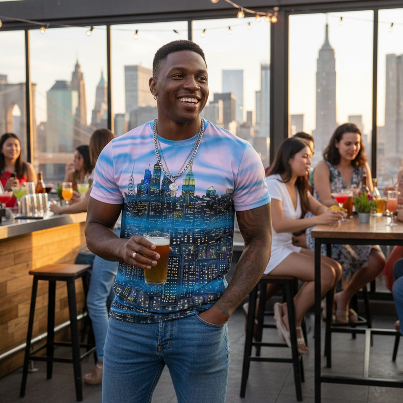 Man wearing a colorful Loria NYC Art shirt standing in a rooftop bar with a city skyline view, holding a drink.