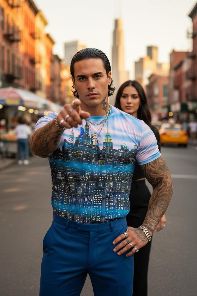 Man wearing a tie-dye shirt with cityscape Loria NYC Art design on a street scene