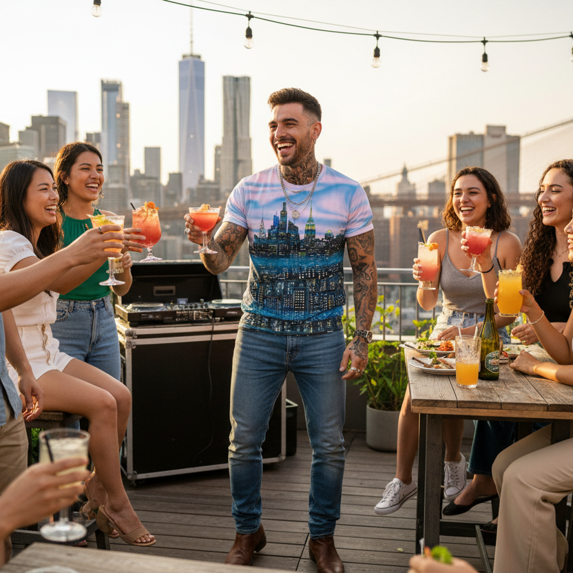 Man wearing a pink Loria NYC Art shirt with a group of friends enjoying a rooftop party with drinks and city skyline in the background