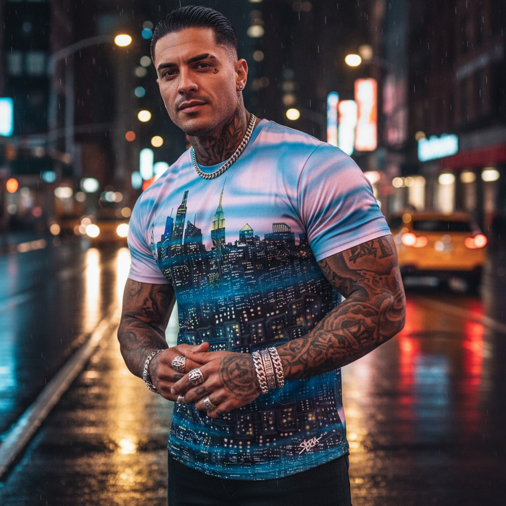 Man with tattoos standing on a city street at night, wearing a Loria NYC Art colorful t-shirt.