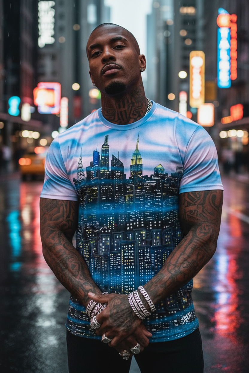 Man wearing a t-shirt with a Loria NYC Art cityscape design on wet city streets.