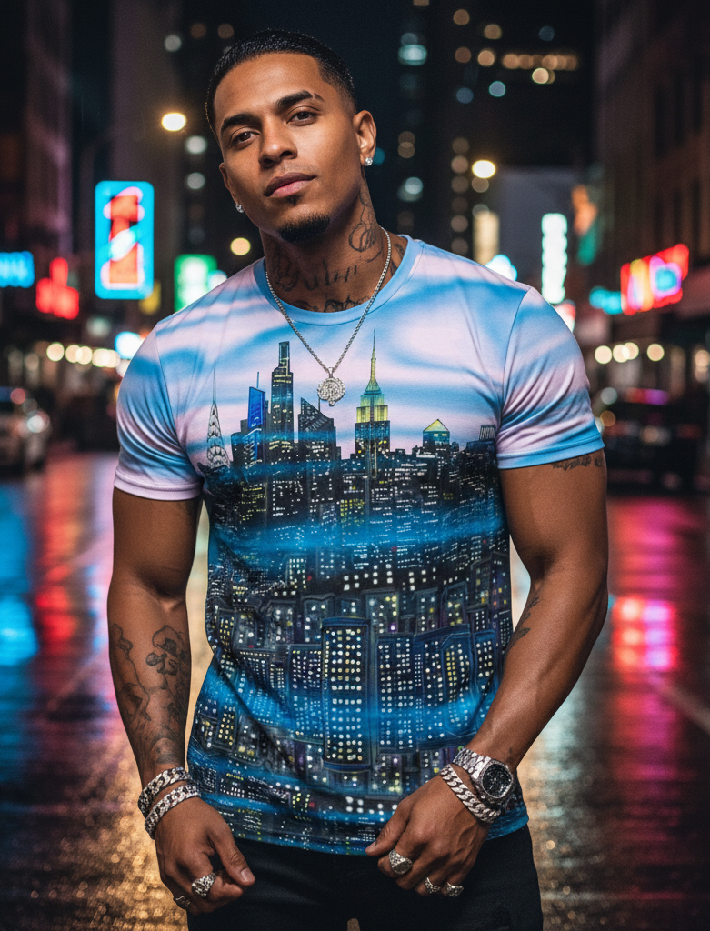 Man wearing a t-shirt with a cityscape Loria NYC Art design on a neon-lit street.