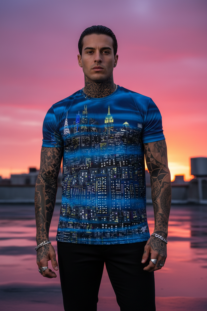 Person wearing a blue graphic Loria NYC Art t-shirt with a cityscape design against a sunset sky.