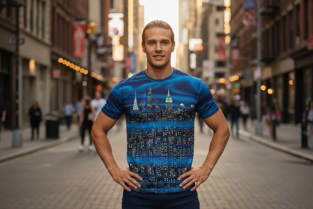 Man wearing a blue t-shirt with a cityscape Loria NYC Art design on a city street.