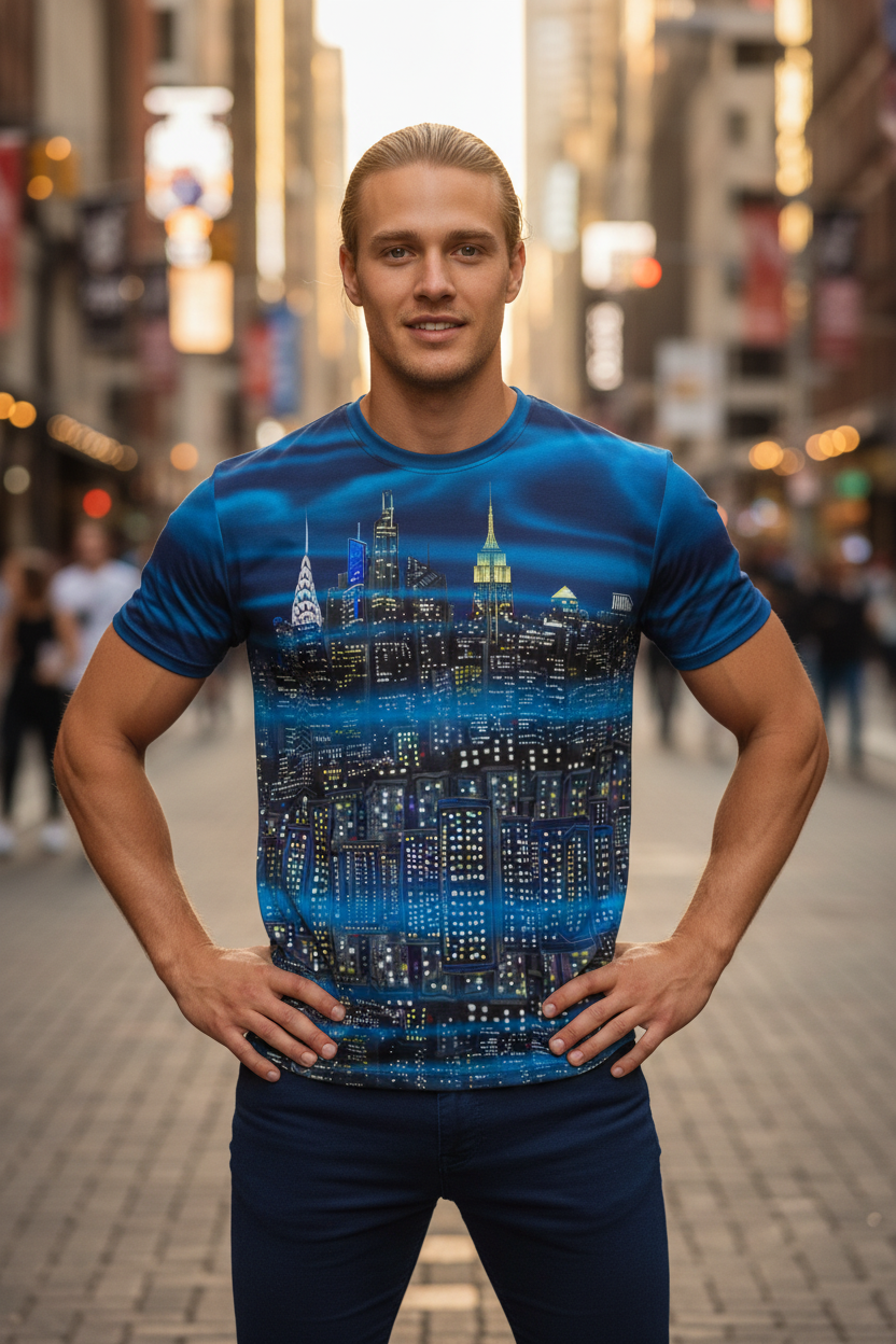 Person wearing a blue graphic Loria NYC Art shirt in an urban setting 