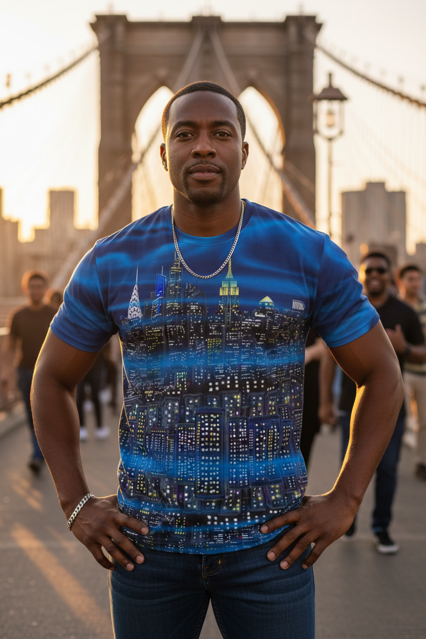 Person on Brooklyn bridge wearing a blue graphic Loria NYC Art shirt in an urban setting 