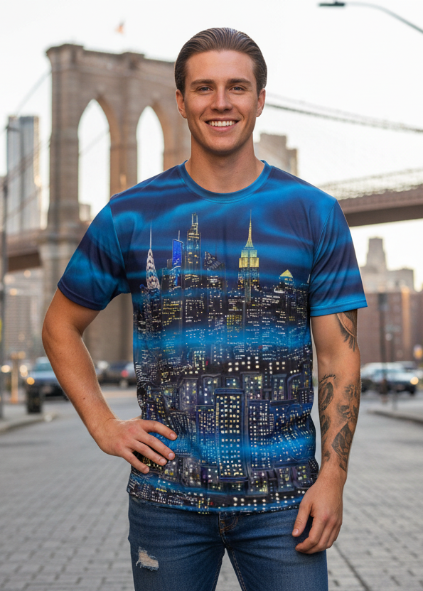 Man wearing a blue t-shirt with a cityscape Loria NYC Art design in an urban setting with a bridge in the background.