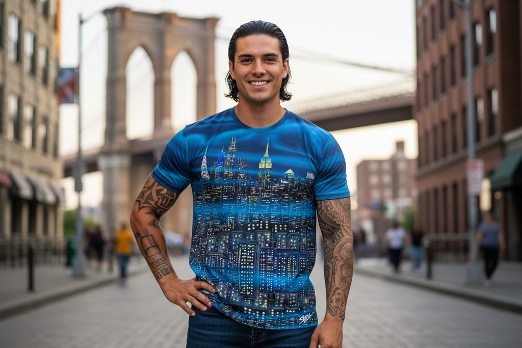 Man wearing a blue t-shirt with a cityscape Loria NYC Art design in an urban setting
