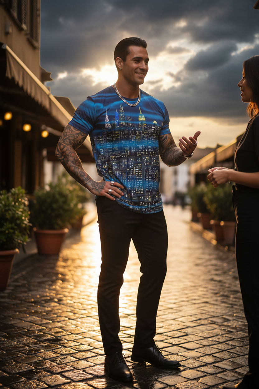 Man talking to a women wearing a blue Loria NYC Art shirt on a city street at night