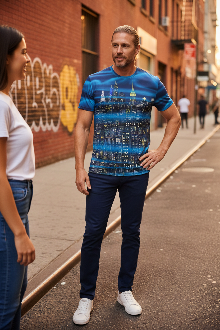 Person standing on a street wearing a blue Loria NYC Art shirt in an urban setting 