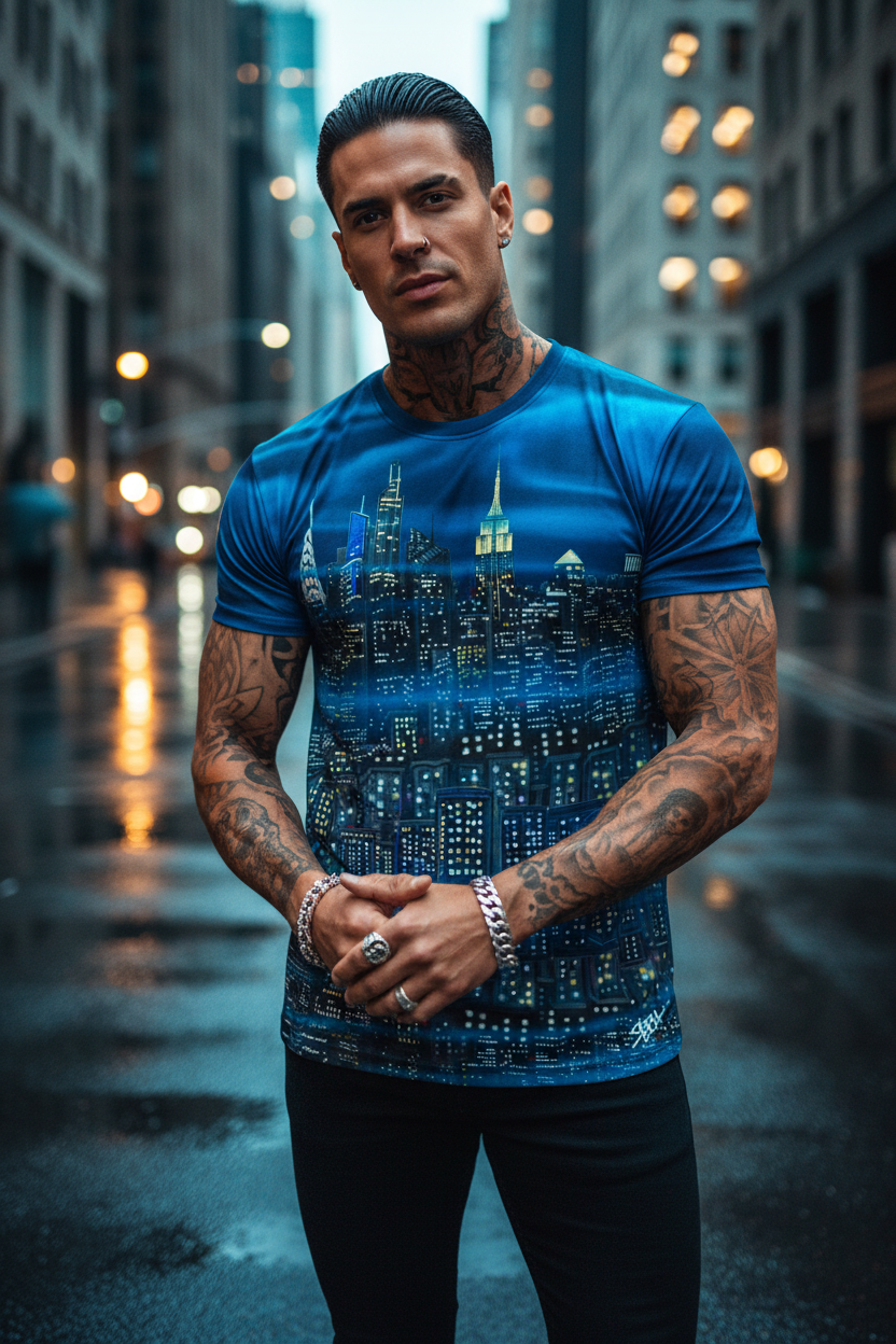 Man wearing a blue t-shirt with a Loria NYC Art cityscape design on a city street.