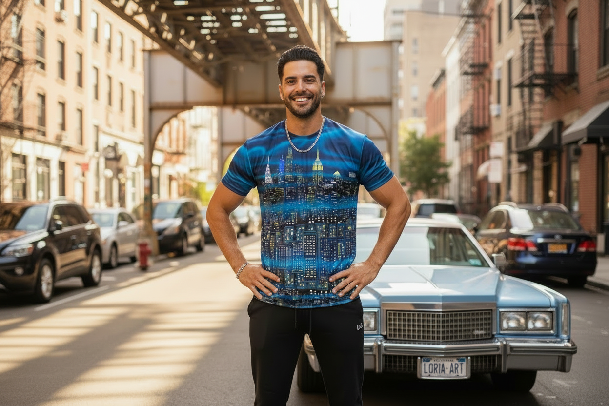 Man wearing a blue Loria NYC Art graphic t-shirt standing on a city street with cars and buildings in the background.