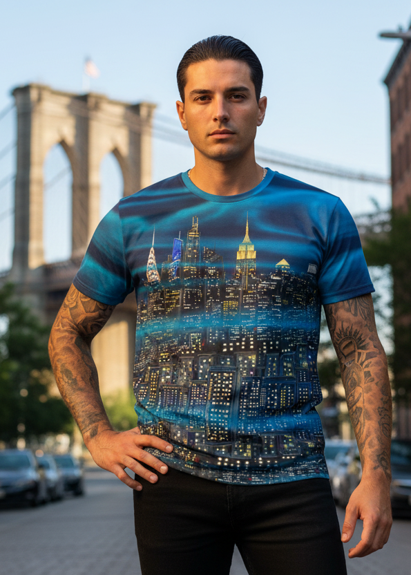 Man wearing a blue t-shirt with a cityscape Loria NYC Art design in an urban setting with the Brooklyn Bridge in the background.