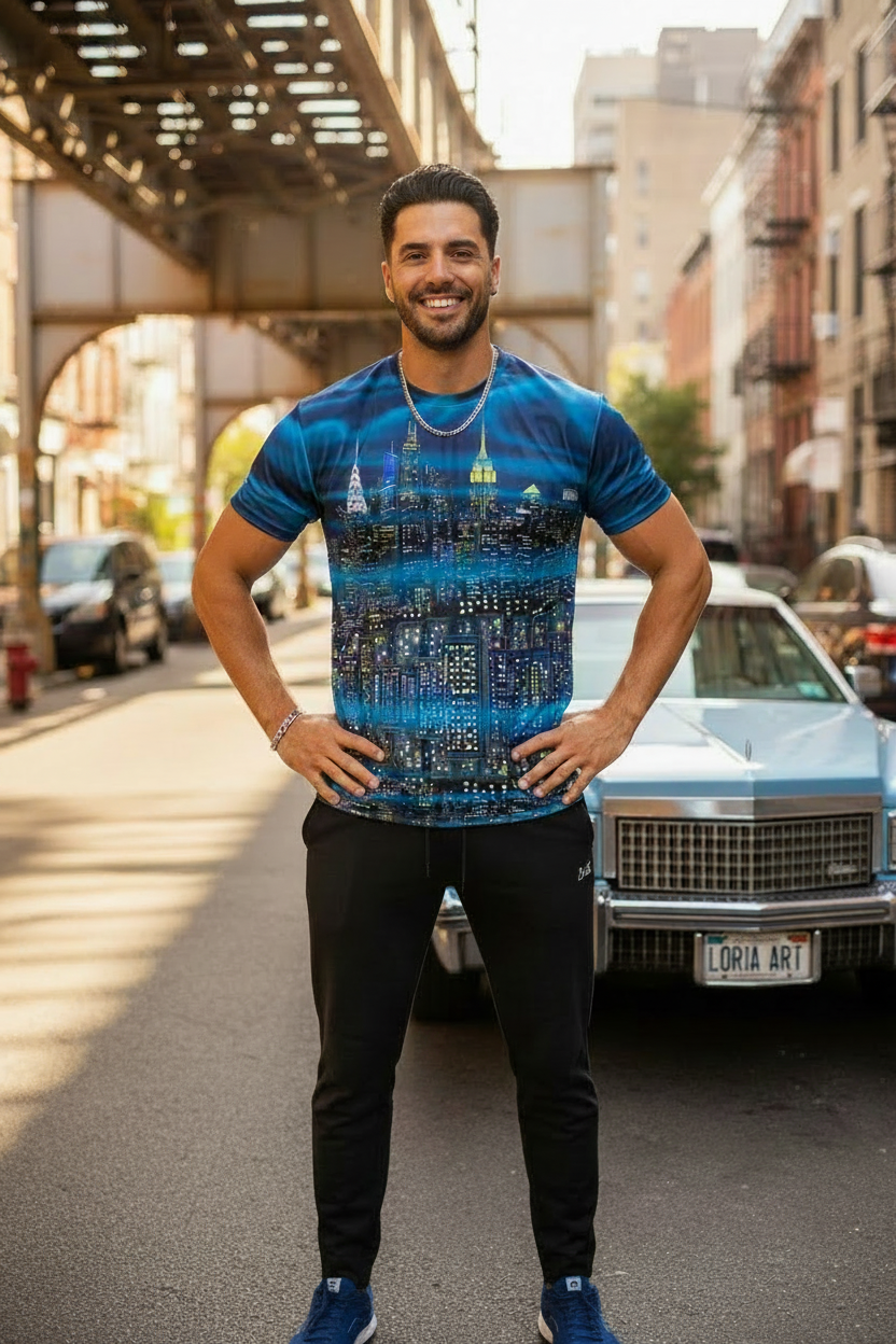 Man wearing a blue Loria NYC Art graphic t-shirt standing on a city street.