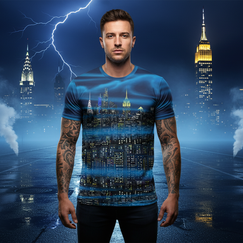 Man wearing a t-shirt with a Loria NYC Art cityscape design in front of a nighttime city skyline.