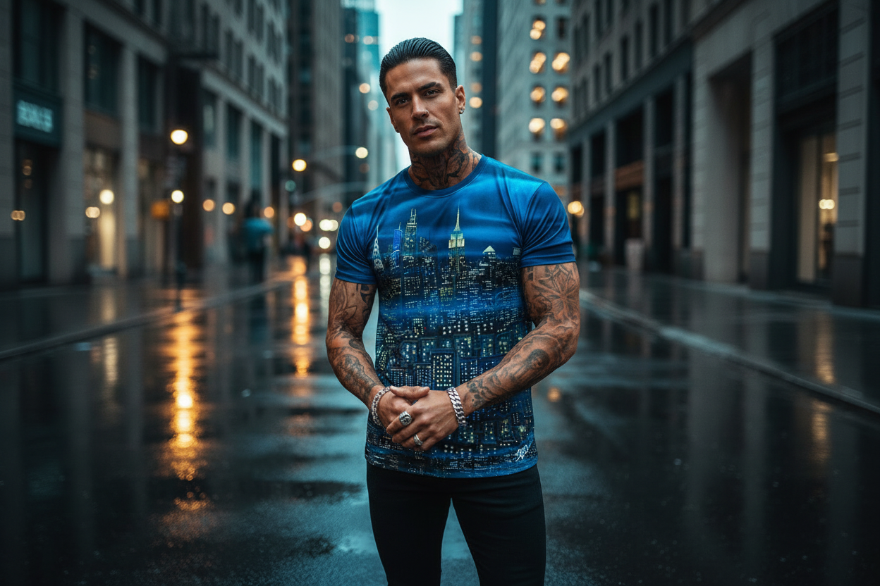 Man in a Loria NYC Art blue t-shirt standing on a city street at night