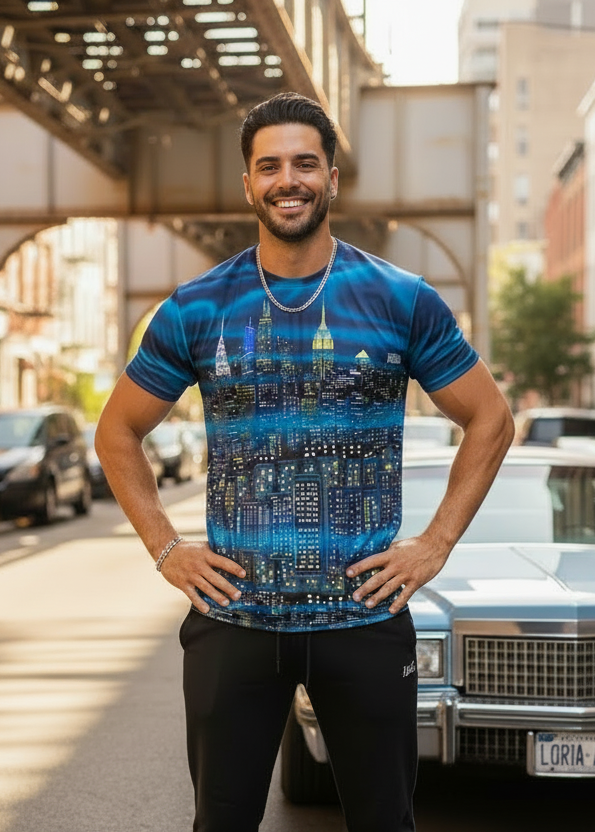 Man wearing a blue t-shirt with a cityscape Loria NYC Art design on a street.