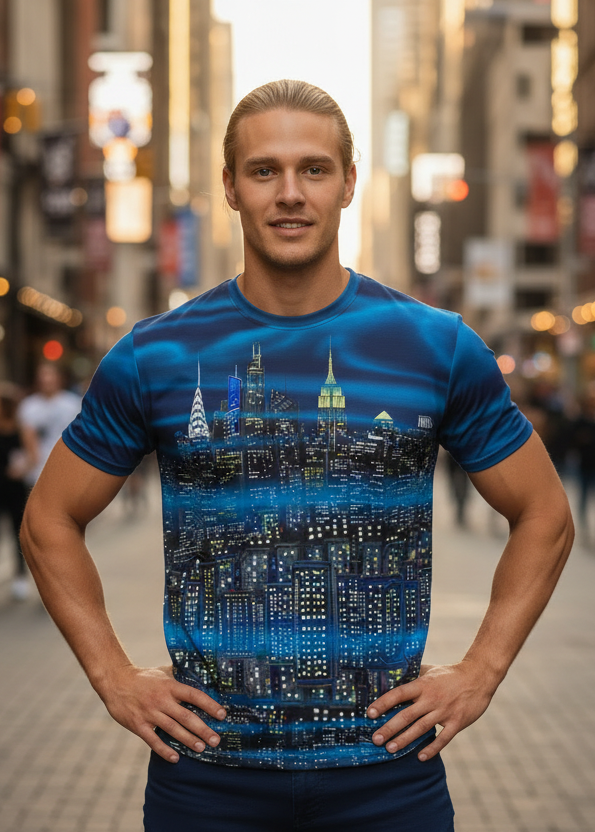 Man wearing a blue t-shirt with a cityscape Loria NYC Art design on a city street.