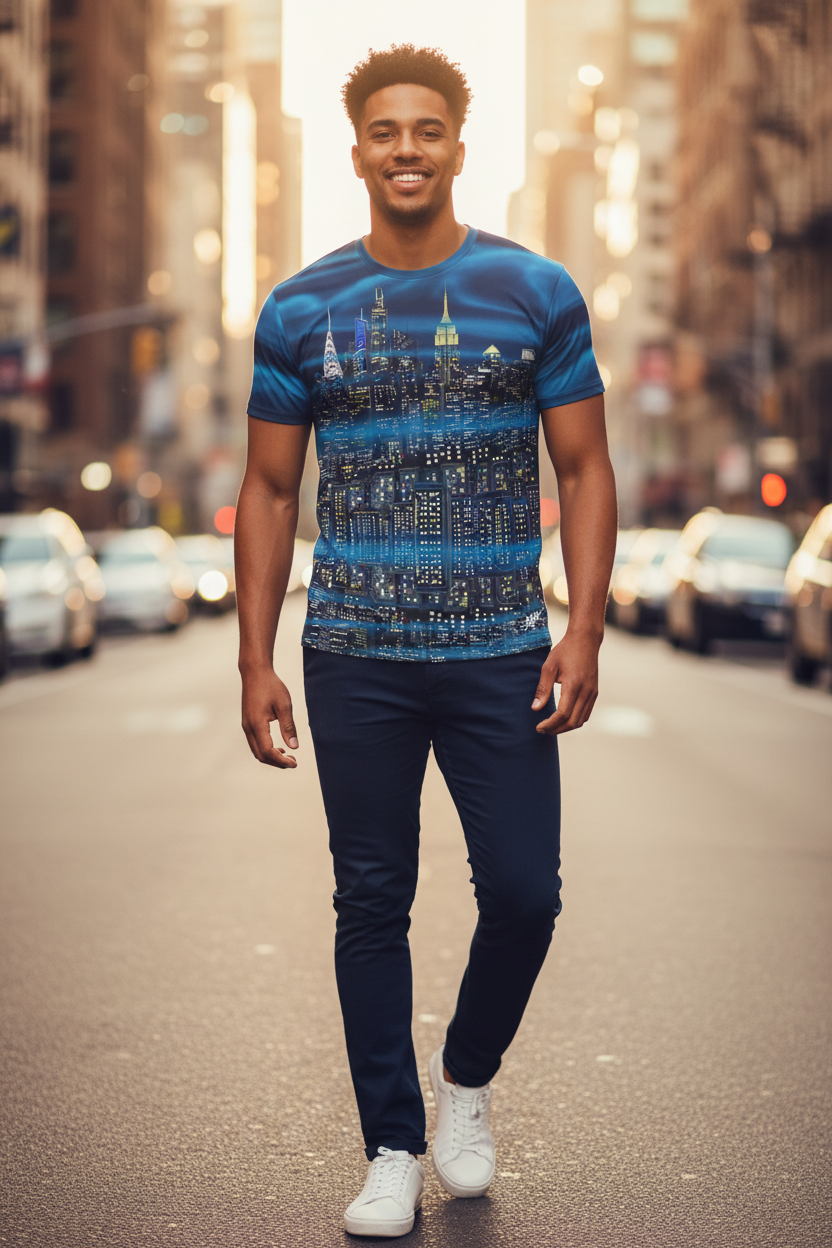 Man walking on a street wearing a blue Loria NYC Art shirt.