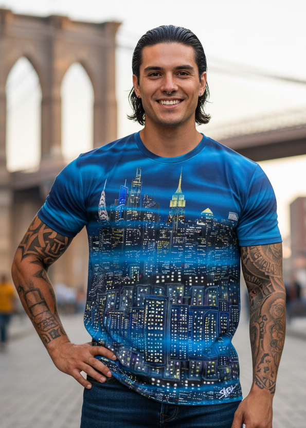 Man wearing a blue t-shirt with a cityscape Loria NYC Art design, standing in an urban setting.