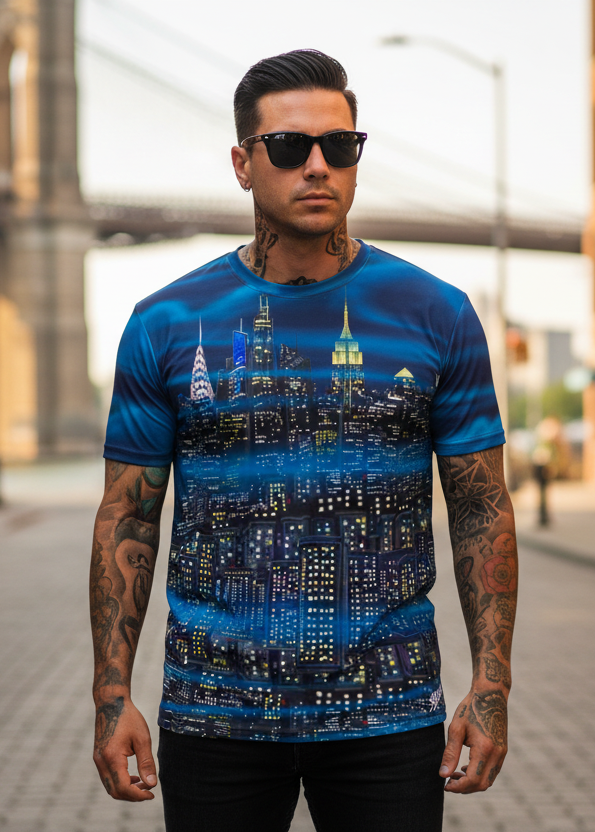 Man wearing a blue t-shirt with cityscape Loria NYC Art design on a street.