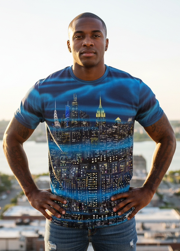 Man wearing a blue t-shirt with a cityscape Loria NYC Art design, standing in front of a scenic view.