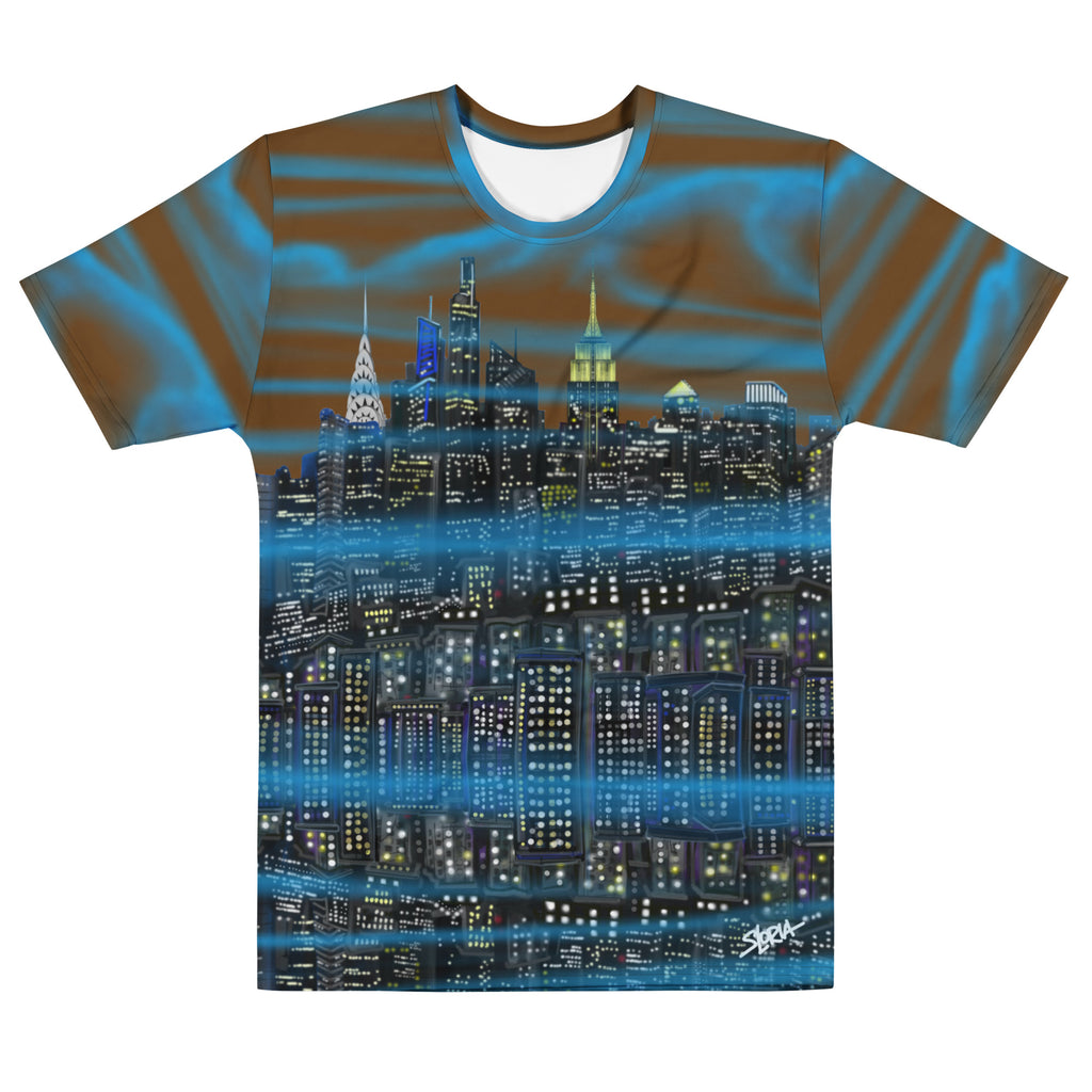T-shirt with a Loria NYC Art cityscape design on a white background