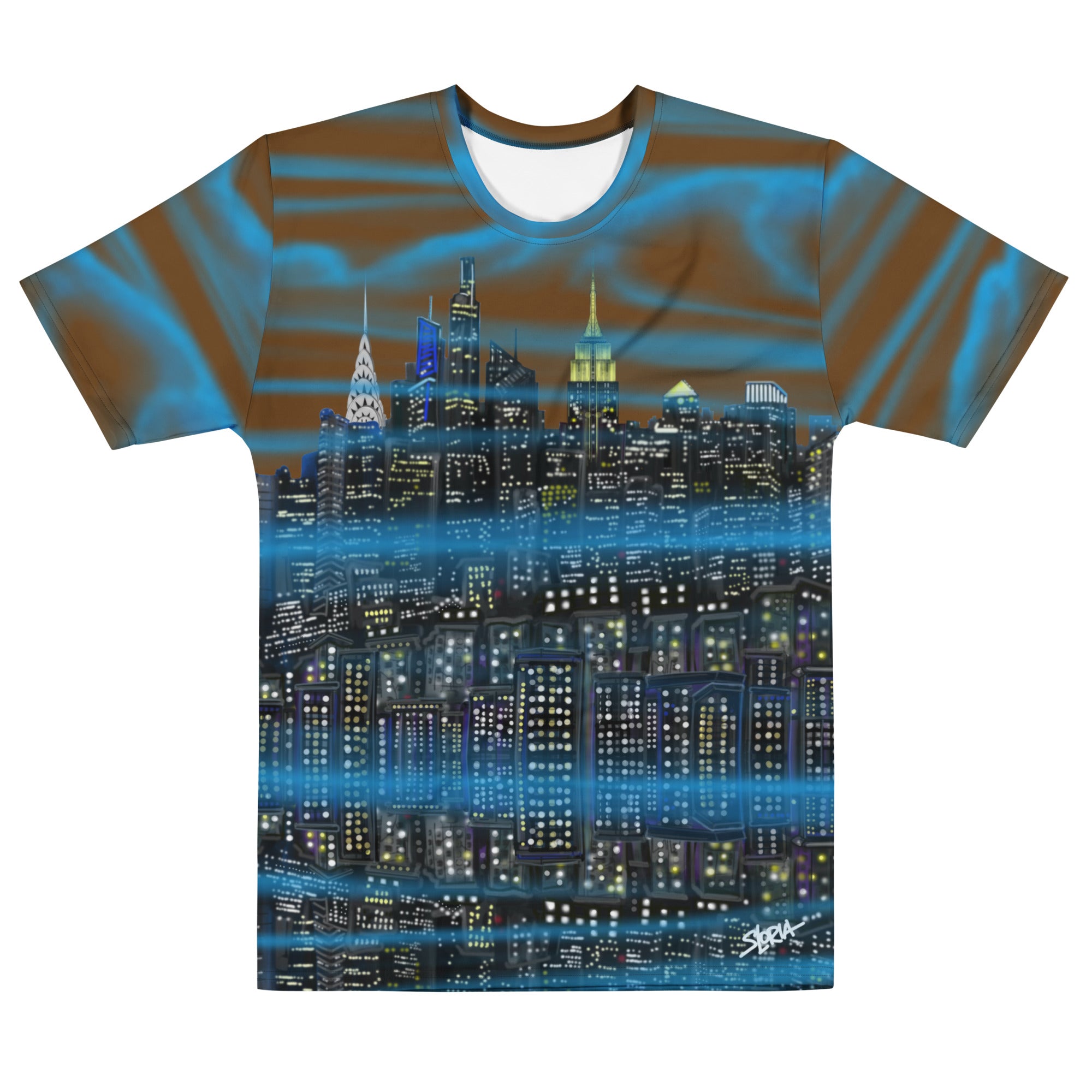 T-shirt with a Loria NYC Art cityscape design on a white background