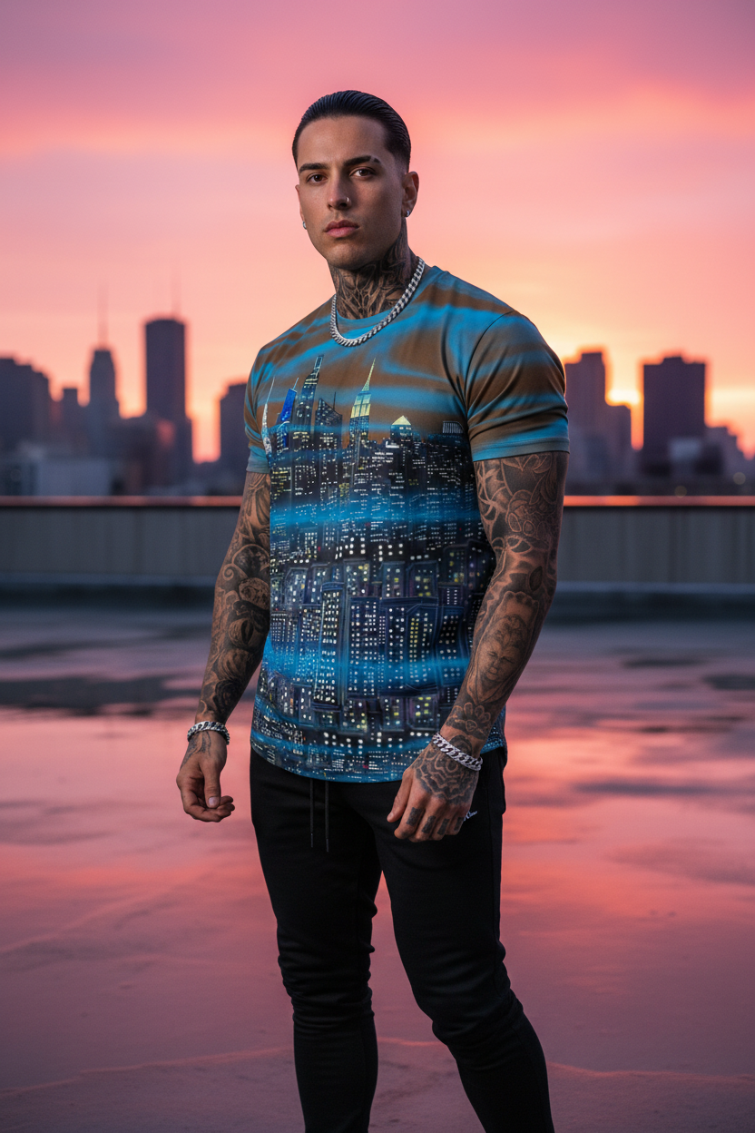 Man wearing a blue and brown Loria NYC Art shirt on a rooftop with a city skyline at sunset.