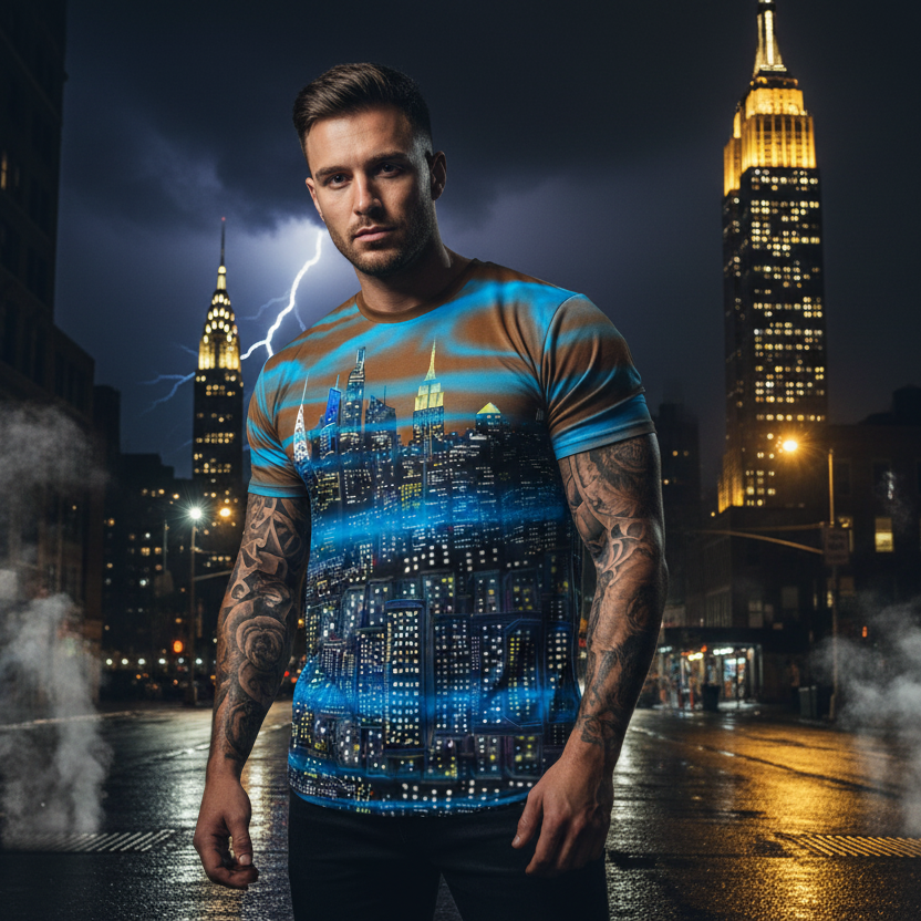Man wearing a t-shirt with a Loria NYC Art cityscape design in an urban night setting with skyscrapers.