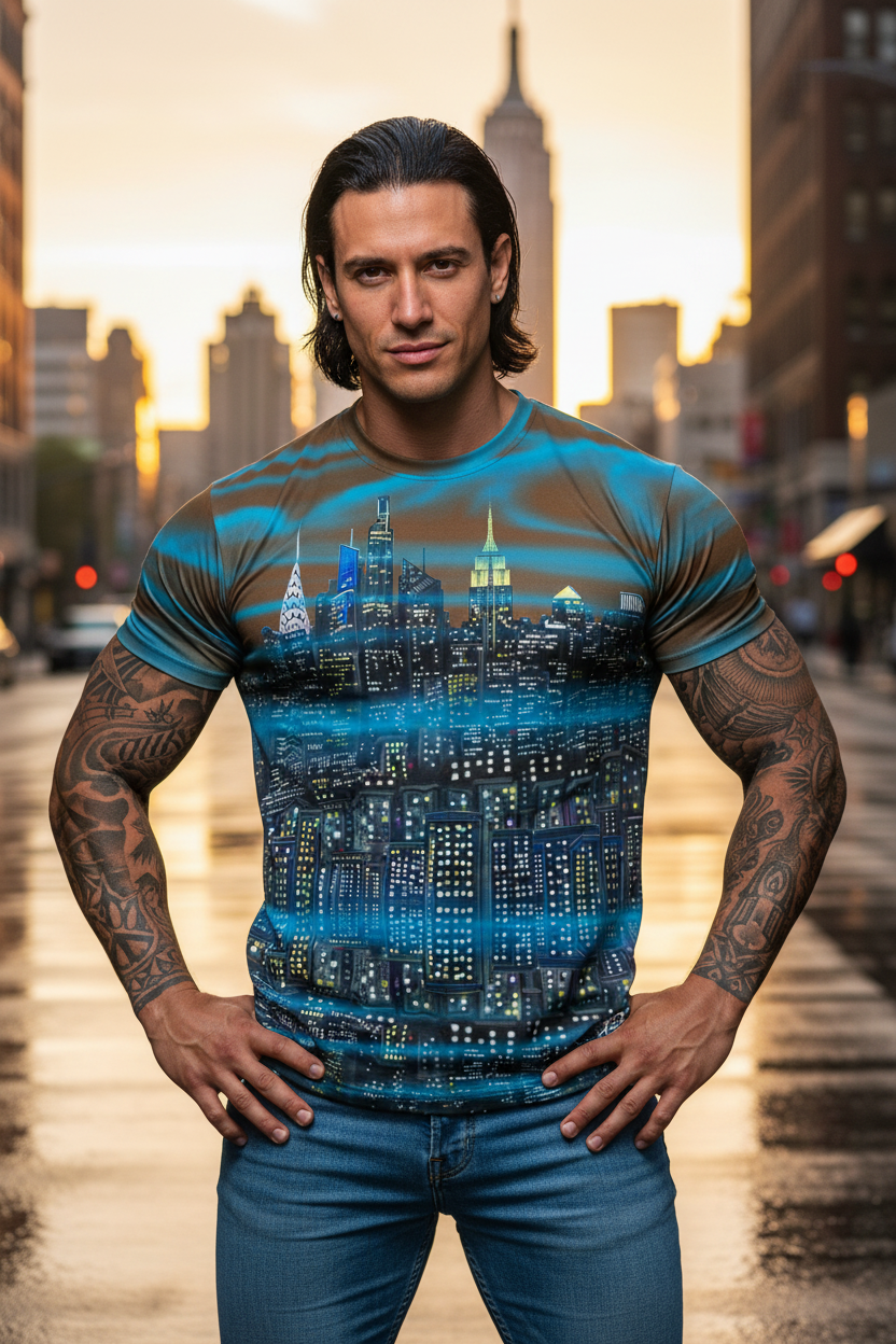 Man wearing a brown t-shirt and blue jeans with a cityscape Loria NYC Art design on a city street with buildings in the background