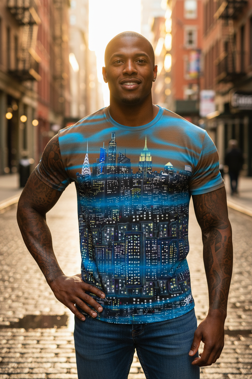 Man wearing a brown t-shirt and blue jeans with a cityscape Loria NYC Art design on a city street