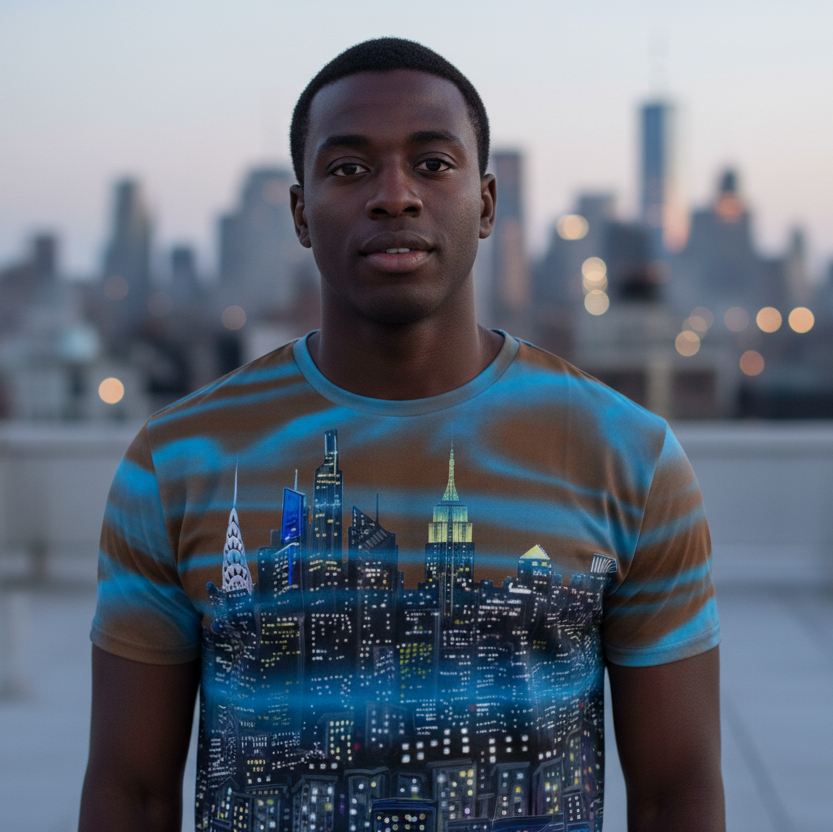 Person wearing a Loria NYC Art t-shirt with a cityscape design on a rooftop at dusk.