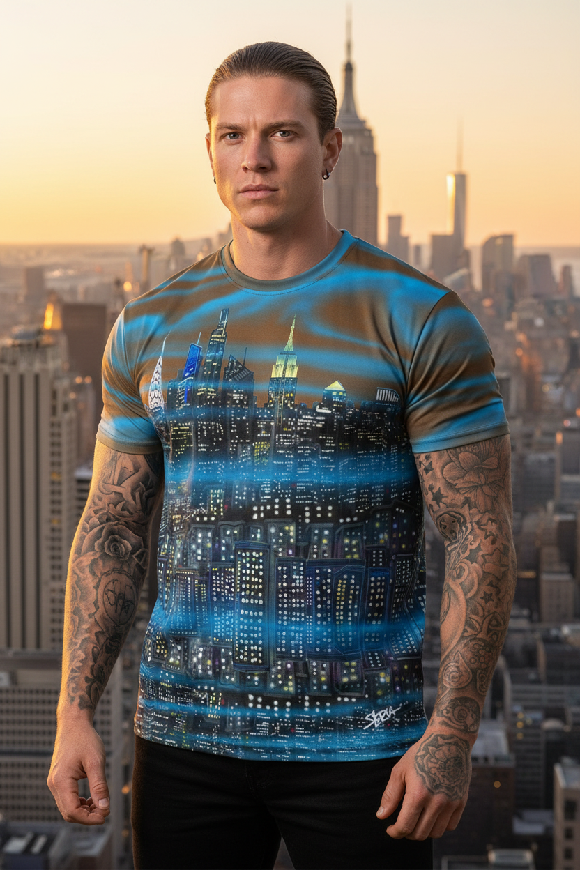 Man wearing a blue and brown graphic t-shirt with a cityscape Loria NYC Art design, standing in front of a city skyline.