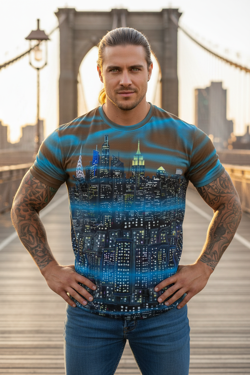 Man wearing a t-shirt with a cityscape Loria NYC Art design in front of the Brooklyn Bridge.