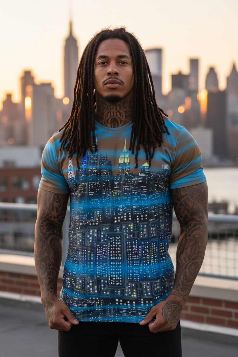Person wearing a blue and black Loria NYC Art t-shirt with a city skyline in the background