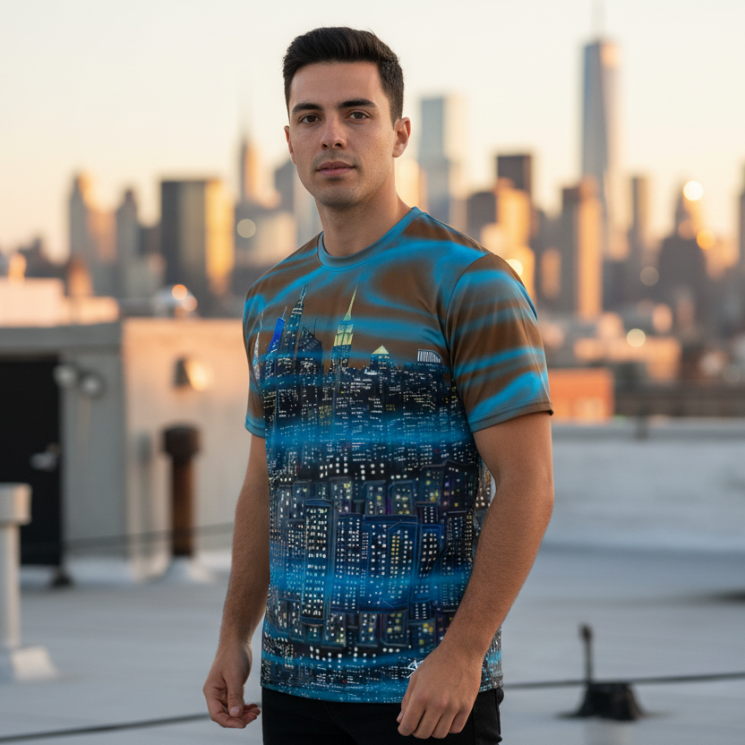 Man wearing a Loria NYC Art shirt on a rooftop with city skyline in the background