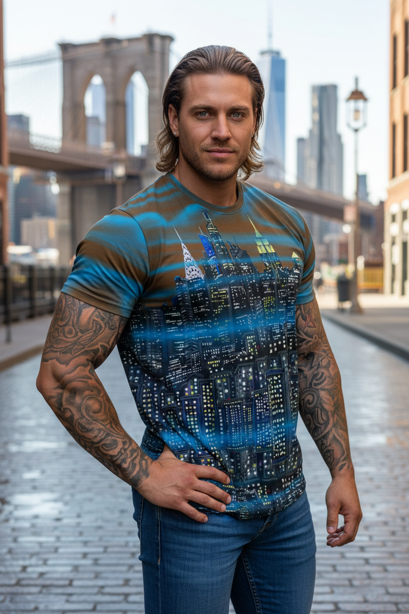 Man wearing a brown t-shirt and jeans with a cityscape Loria NYC Art design on a city street with bridge in the background