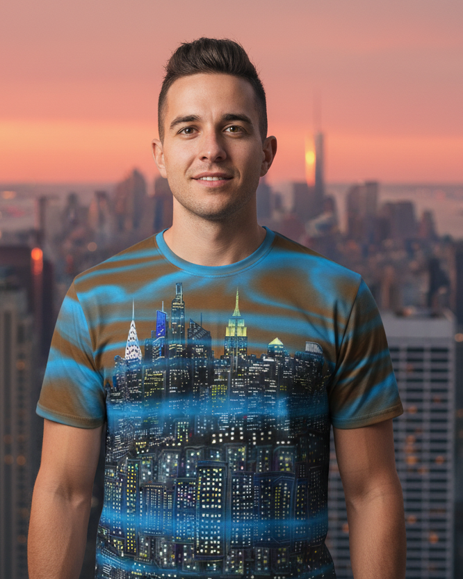 Man wearing a colorful Loria NYC Art tee shirt on a roof with a city view