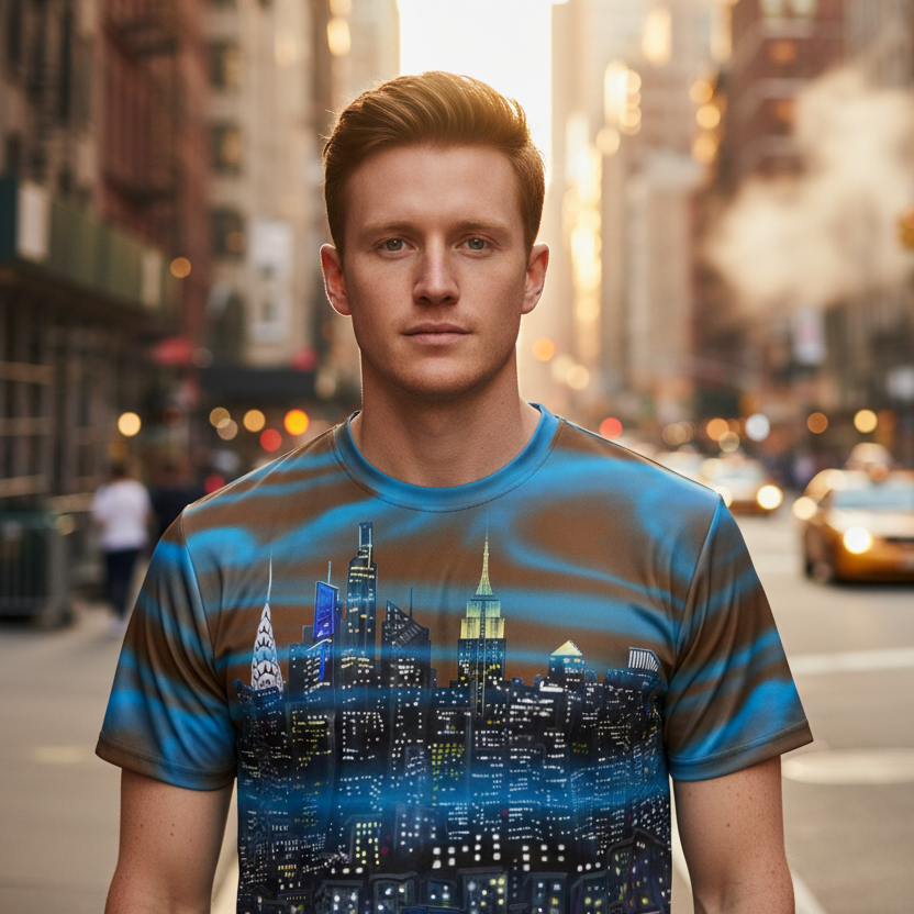 Man wearing a t-shirt with a cityscape Loria NYC Art design on a city street with taxis in the background