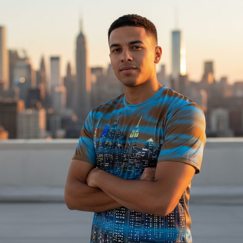 Man standing on a rooftop with a city skyline Loria NYC Art shirt with crossed arms
