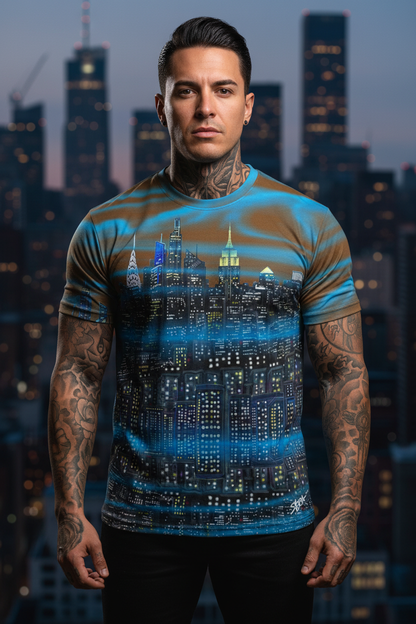 Man wearing a t-shirt with a Loria NYC Art cityscape design against a city skyline backdrop