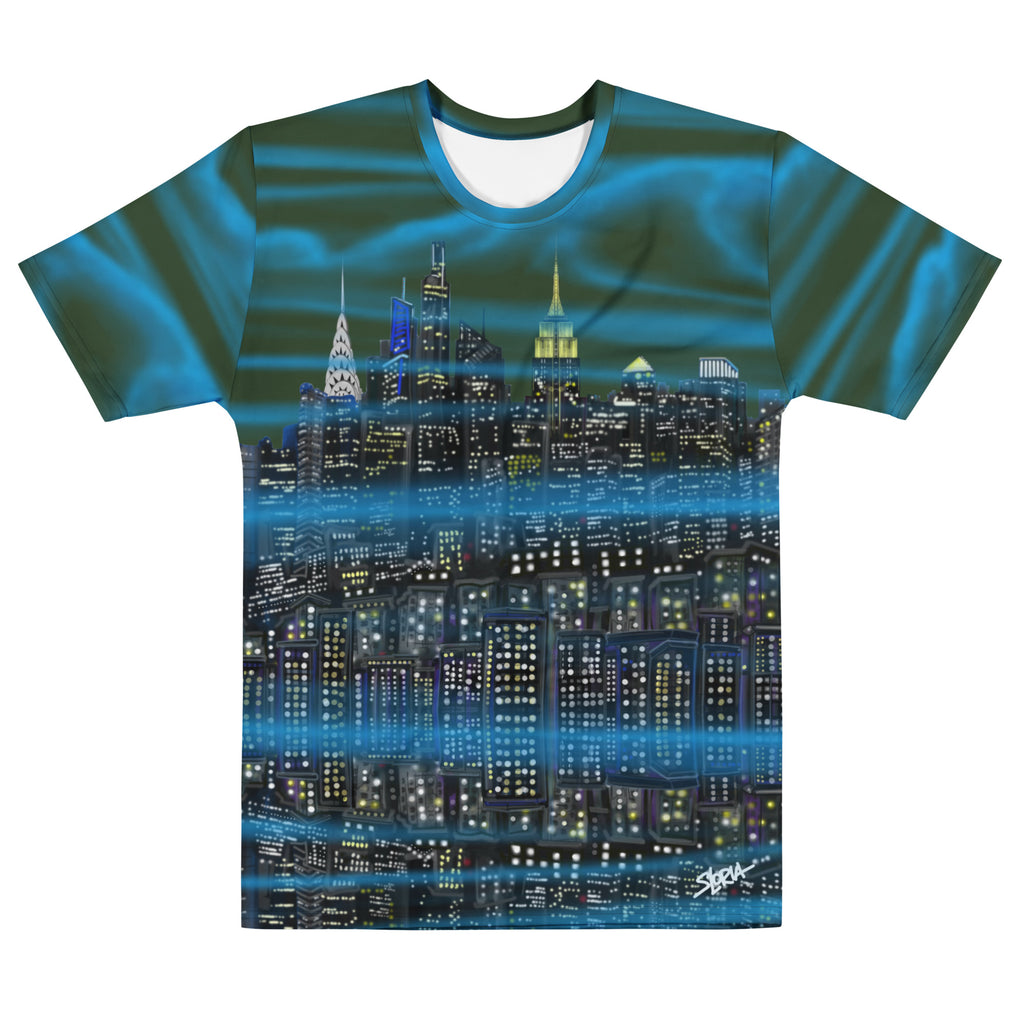 T-shirt with a cityscape Loria NYC Art design on a white background