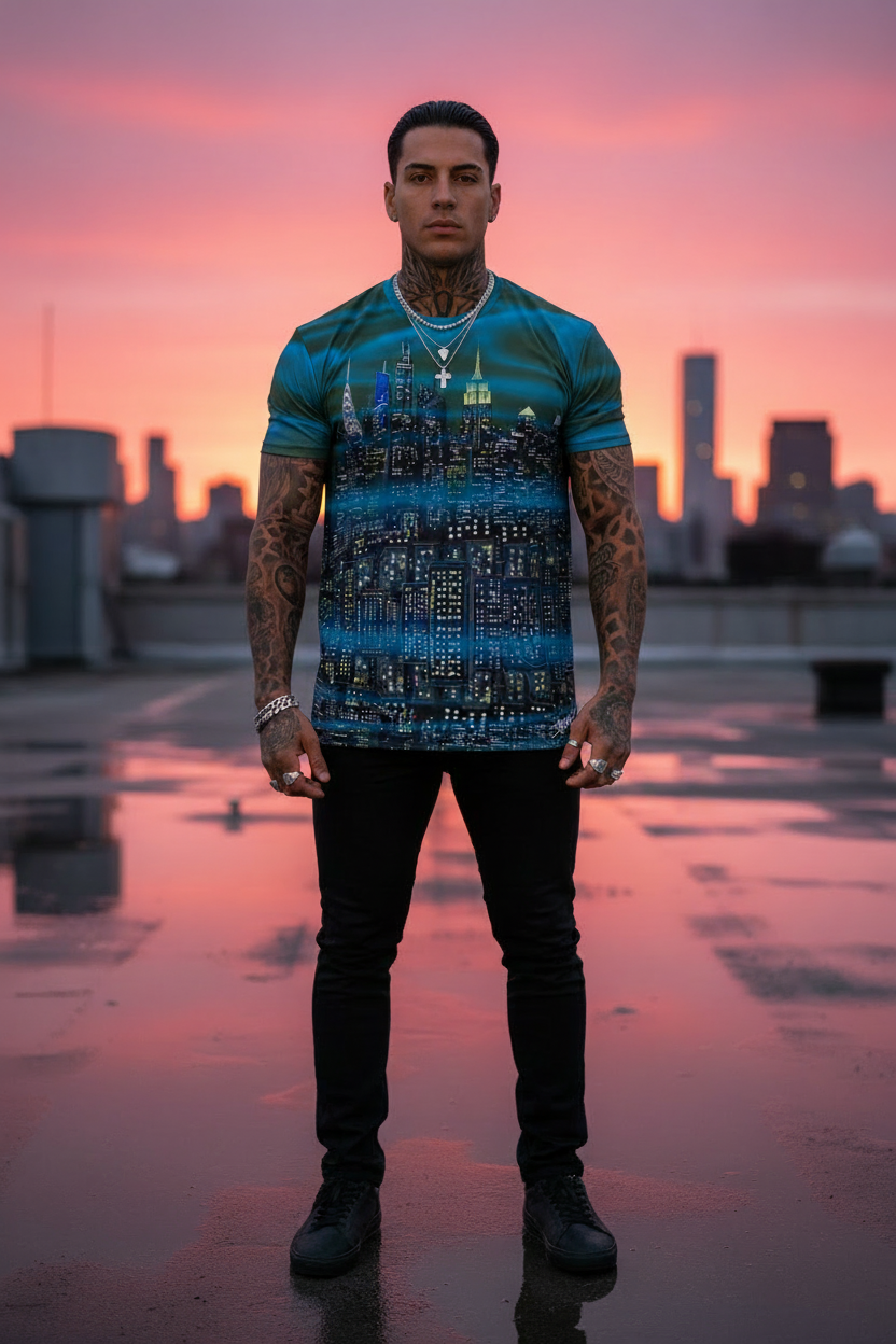 Man wearing a green cityscape Loria NYC Art shirt standing on a rooftop with a cityscape and pink sky in the background