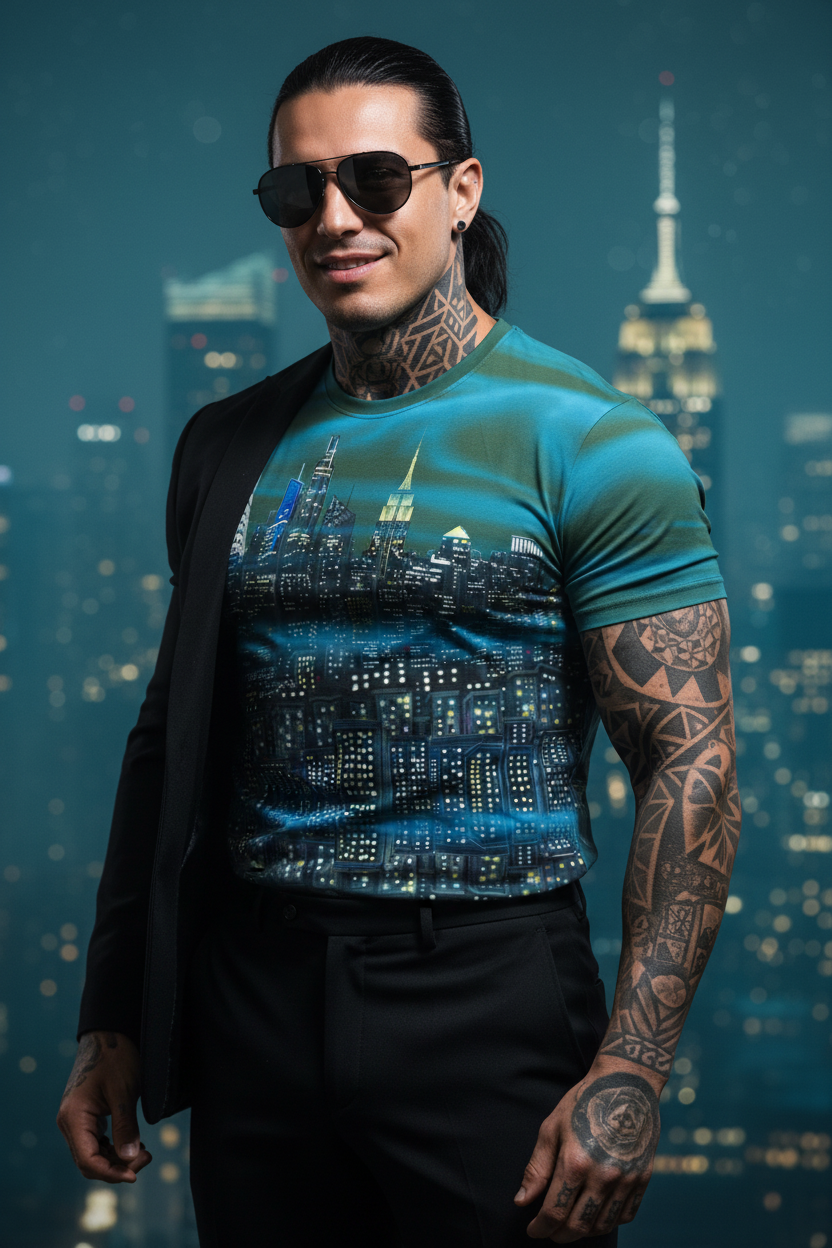 Man wearing a teal t-shirt with a cityscape Loria NYC Art design, standing against a night cityscape background.