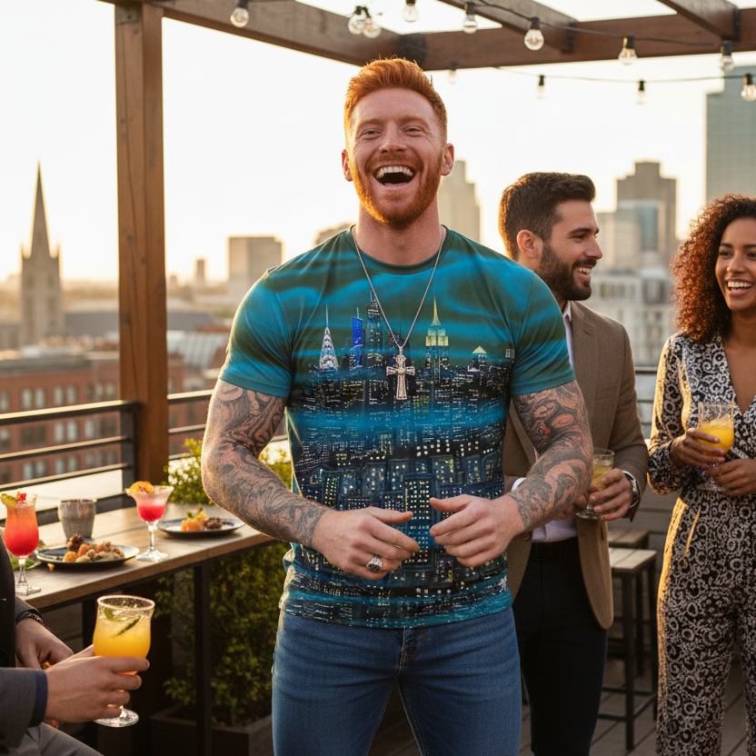 Group of people enjoying drinks on a rooftop with man wearing Loria NYC Art  city skyline shirt 
