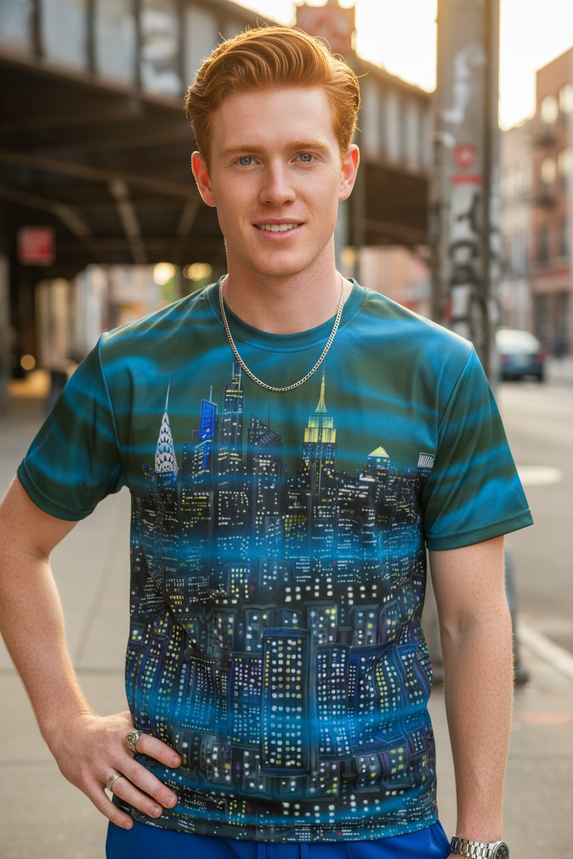 Man wearing a t-shirt with a Loria NYC Art cityscape design on a street.