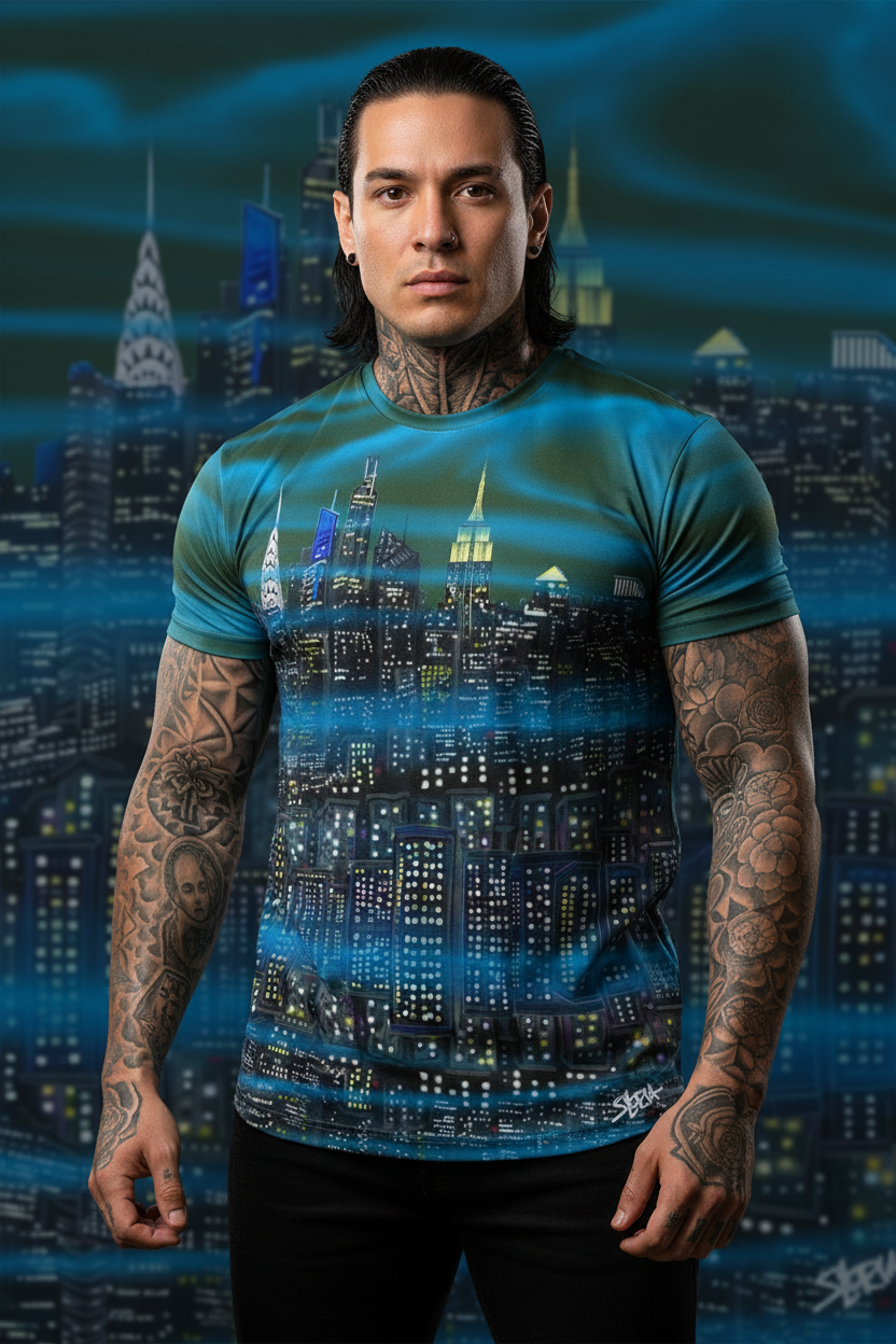Person wearing a t-shirt with a Loria NYC Art cityscape design against a dark city skyline background