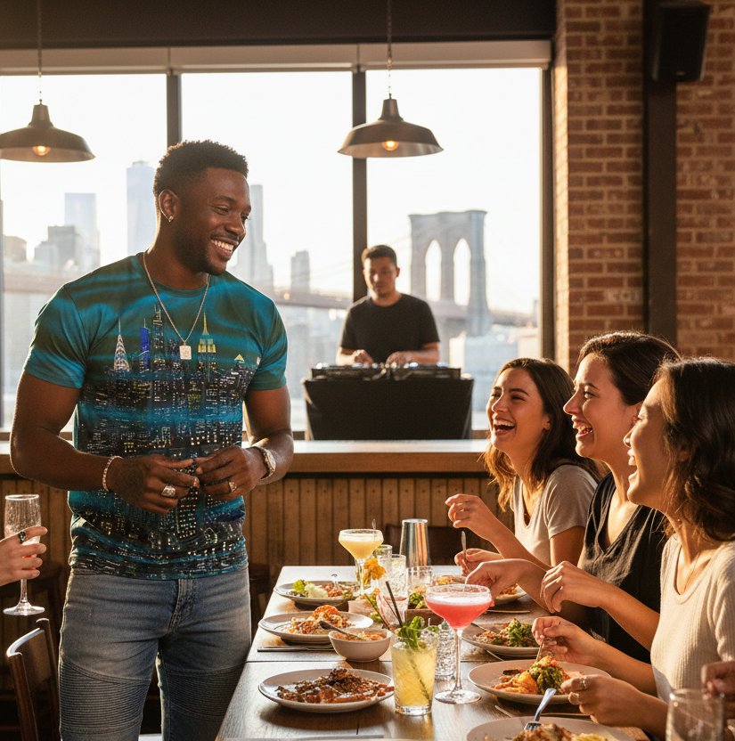 Man wearing a colorful NYC Art green shirt with people enjoying a meal together in a restaurant with a cityscape view.