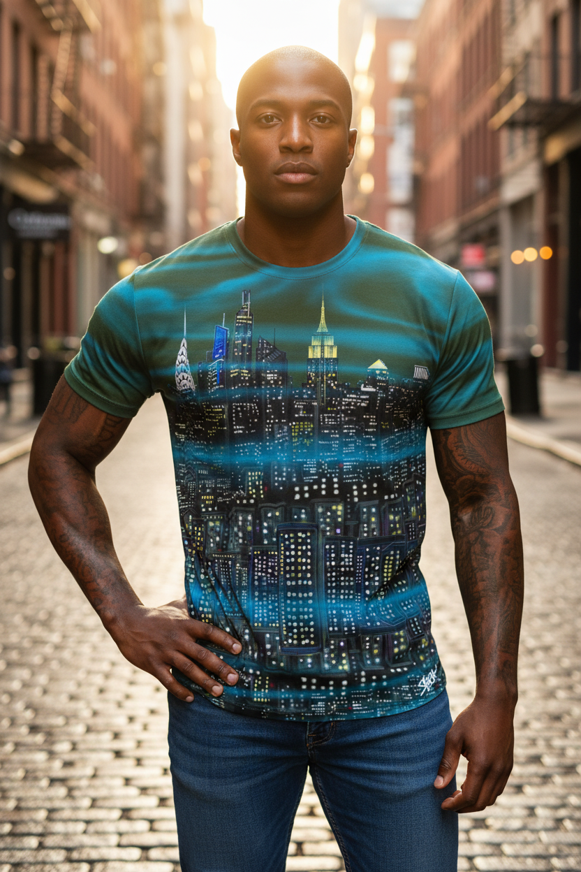 Man in green Loria NYC Art shirt and jeans standing with tall buildings in the background.